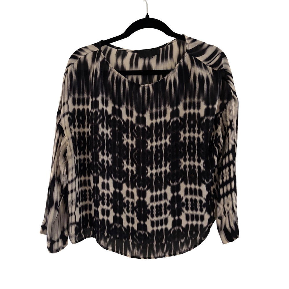 Nili Lotan Black White Ikat Print 100% Silk Blouse Top Small NYC Made